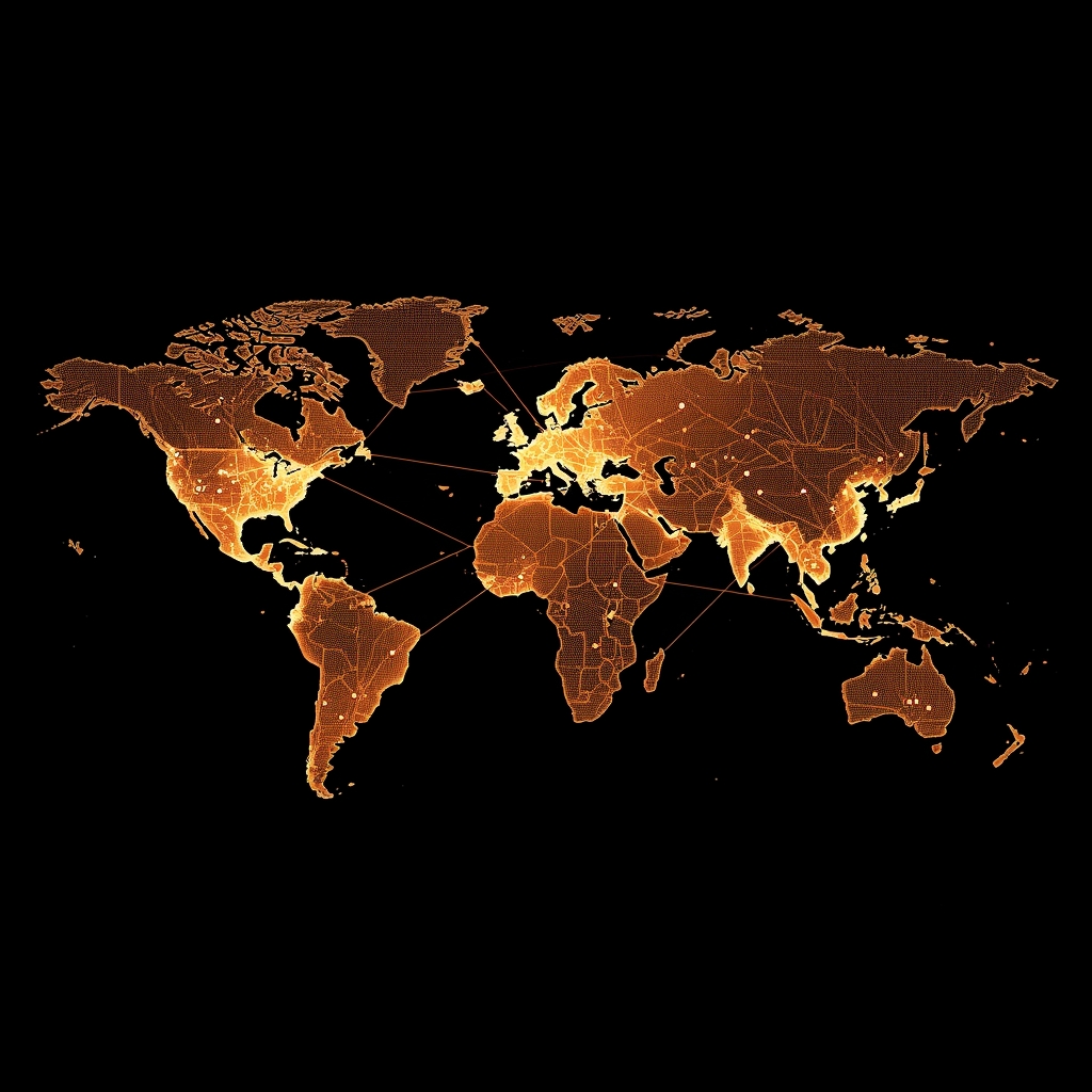 A glowing world map with interconnected nodes and data streams representing a global professional network, no people, no text